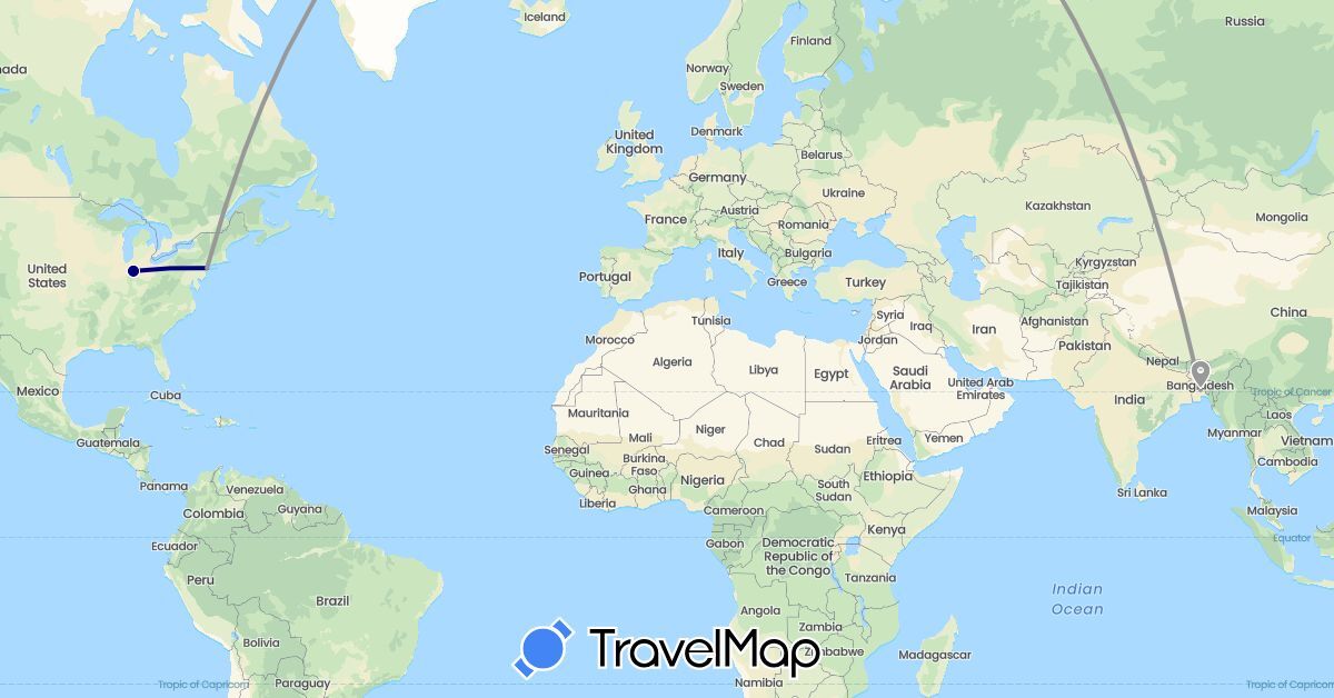 TravelMap itinerary: driving, plane in Bangladesh, United States (Asia, North America)